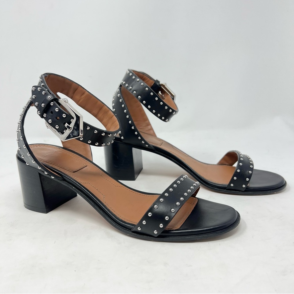 Givenchy Elegant Leather Studded Ankle Strap Sandals Black Block Heel Size 38.5